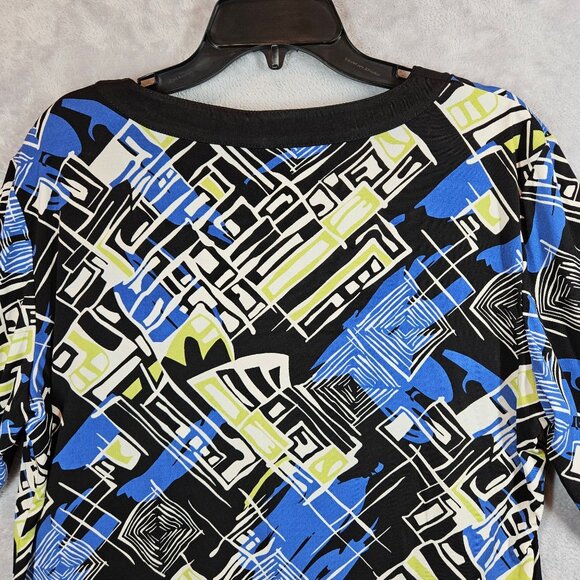 JM Collections Flowy Blouse Womens XL Black Blue Geometric Career Office date - Picture 3 of 9